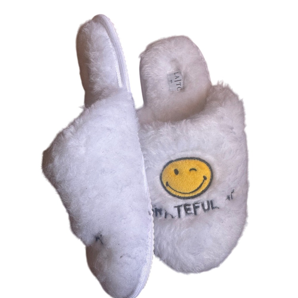 White Fuzzy Smiley Face Grateful AF Slippers Slides Size Medium